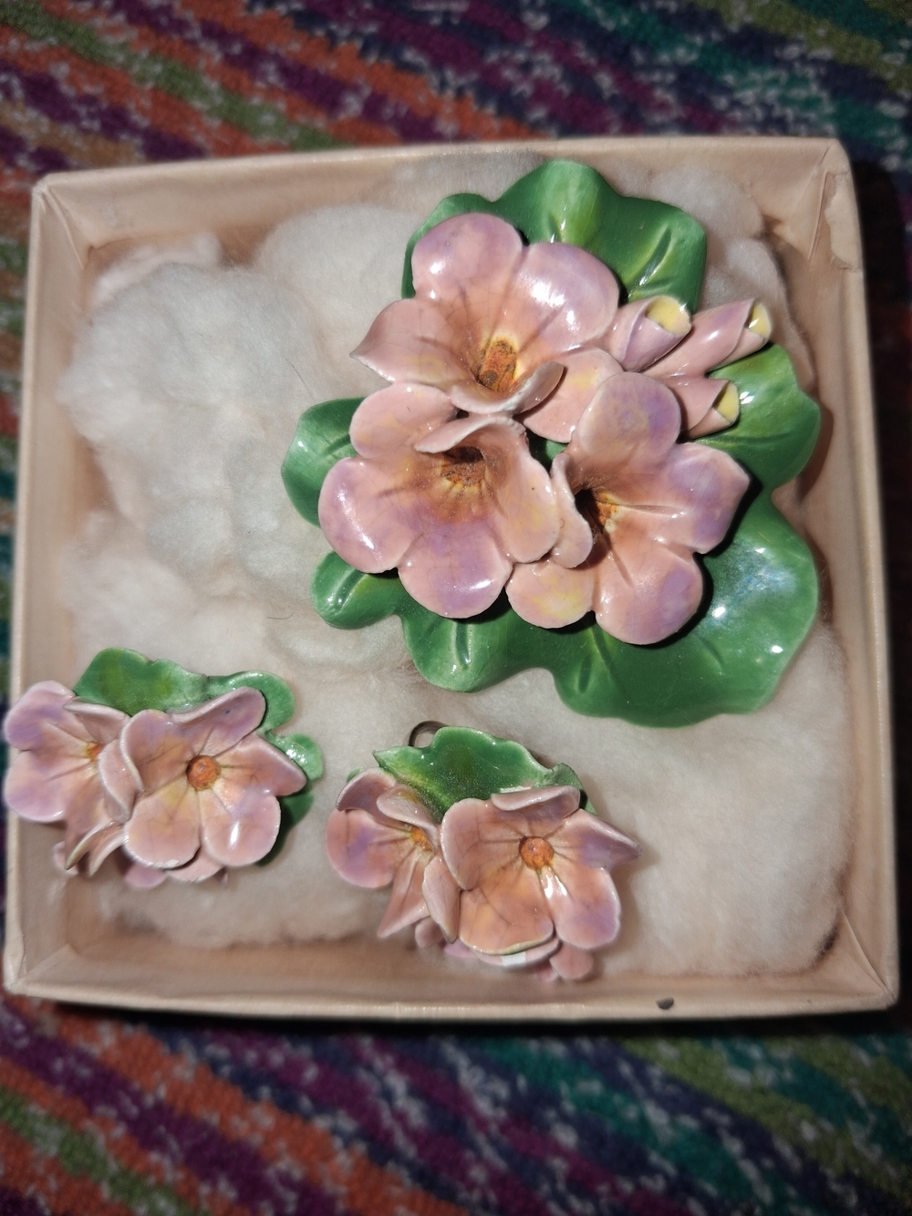 Martha Newman Ceramic Pink Flower Brooch & Clip-On Earrings Set